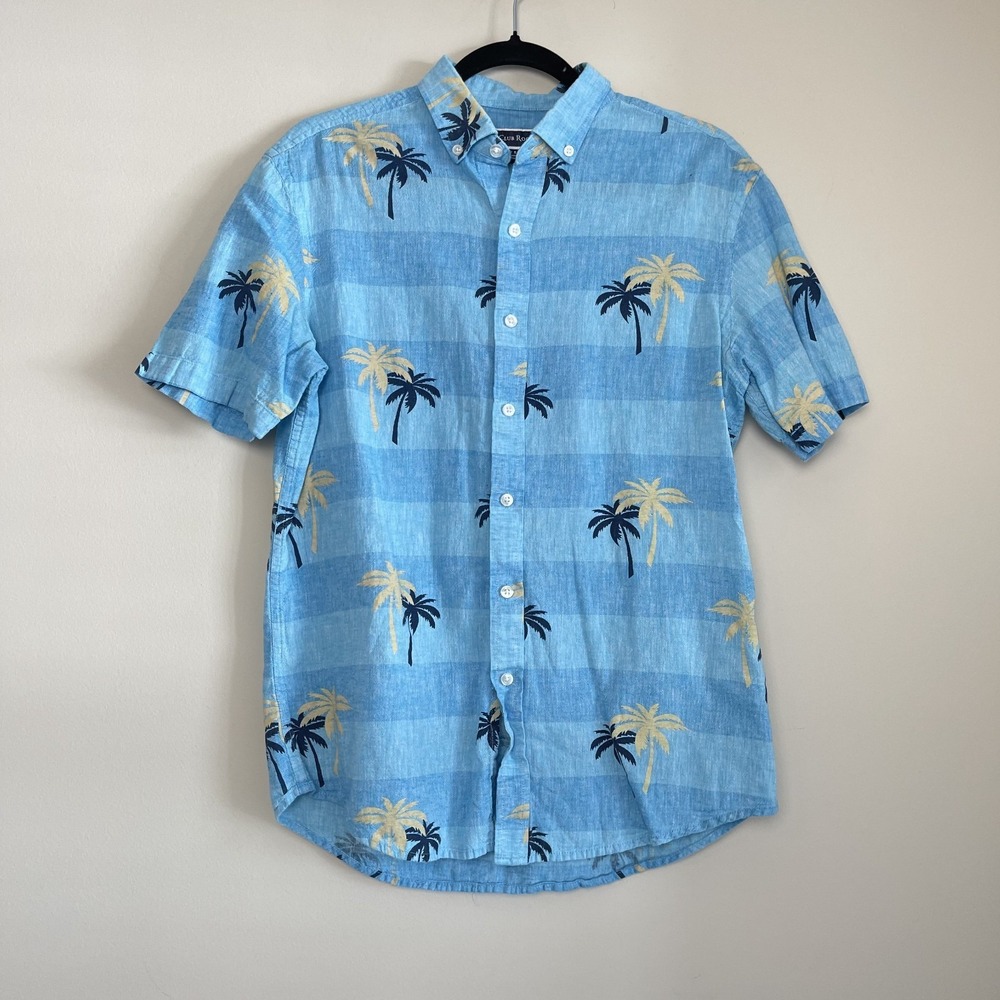 Club Room Cotton Linen Blend Hawaiian Palm Trees Button Down Shirt Sz S